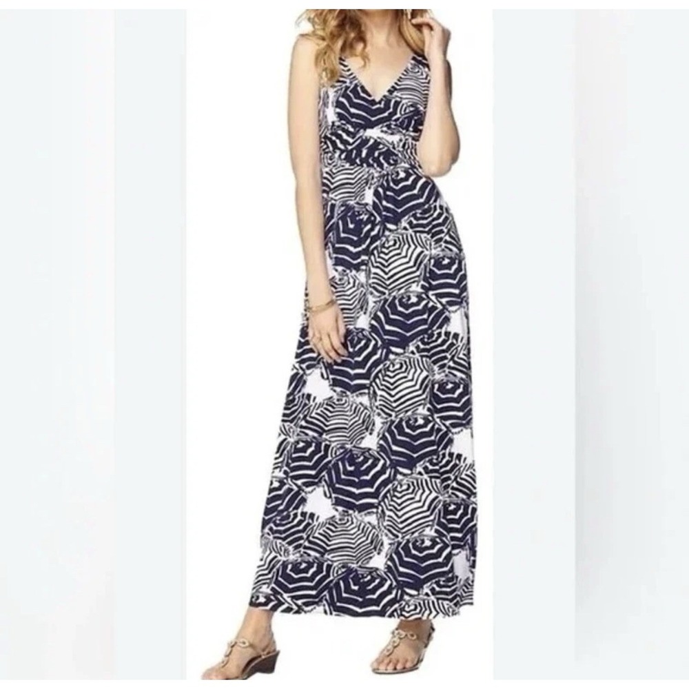 Lillyโ Pulitzer Maxi Dress Navy White Paisley Sleeveless V Neck M Rayon READ